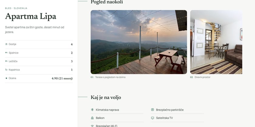 Primer strani z deljeno postavitvijo: levo ime nastanitve s podatki, desno opis in galerija.