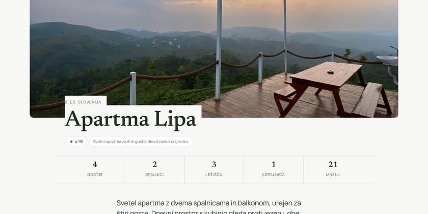 Primer strani s celozaslonsko fotografijo, imenom nastanitve in pasom s podatki.